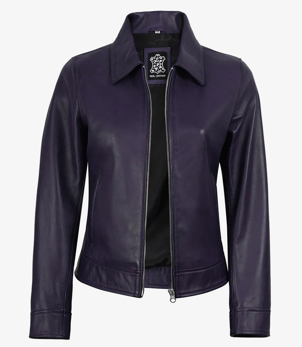 Women's Purple Waxed Shirt Collar Harrington Leather Jacket