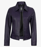 Women's Purple Waxed Shirt Collar Harrington Leather Jacket
