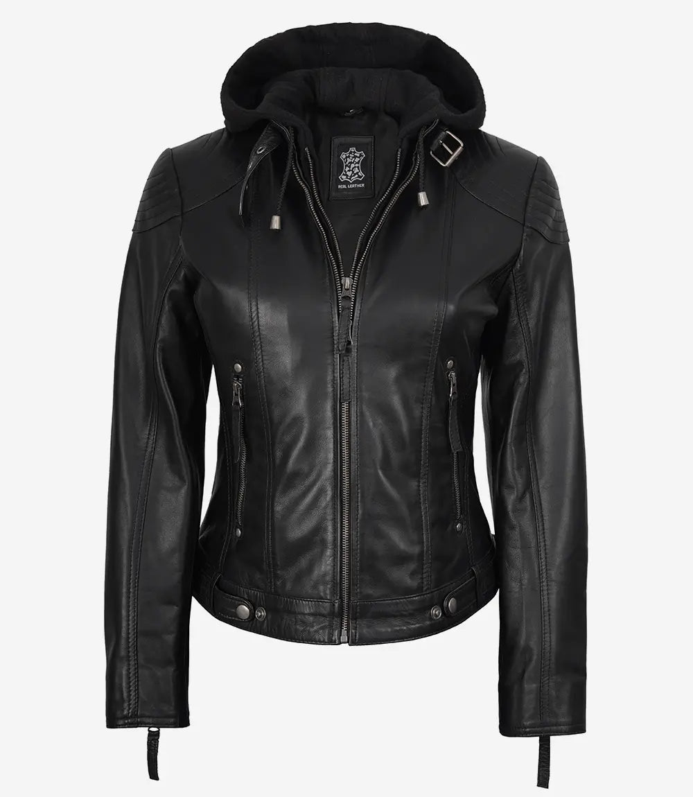 Tonja Womens Real Leather Black Jacket With Hood