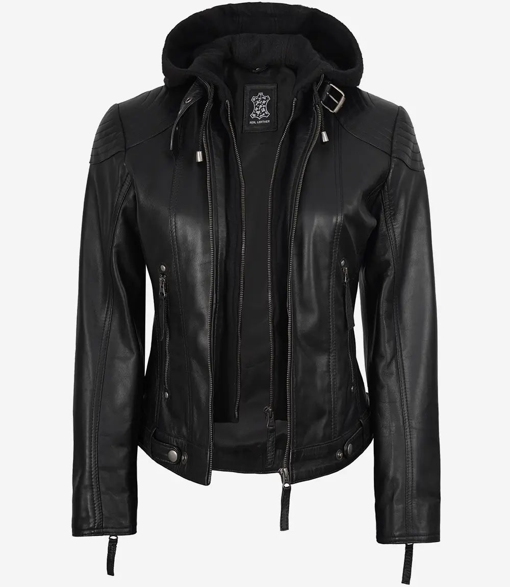 Tonja Womens Real Leather Black Jacket With Hood