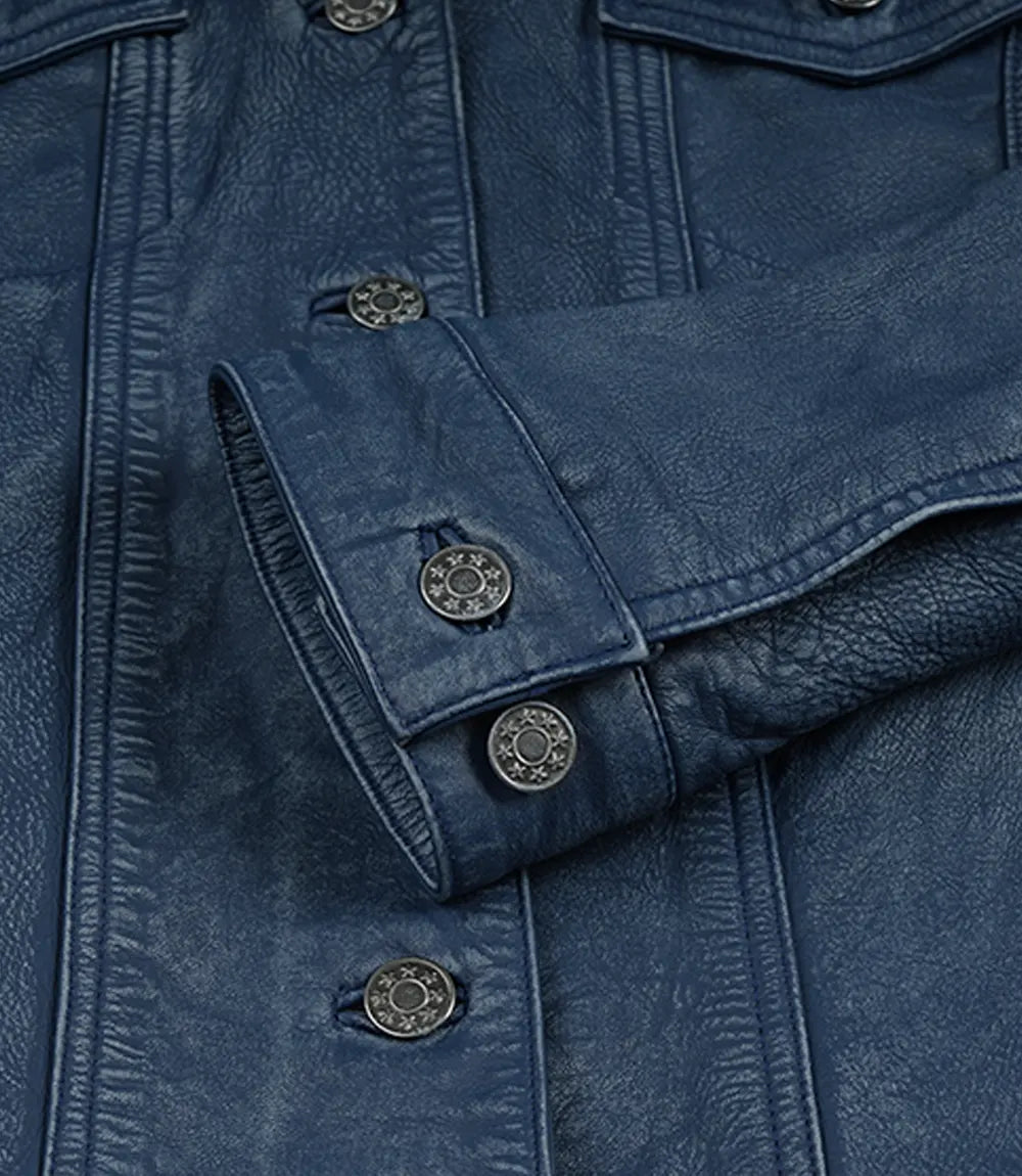 Womens Blue Washed Trucker Leather Jacket