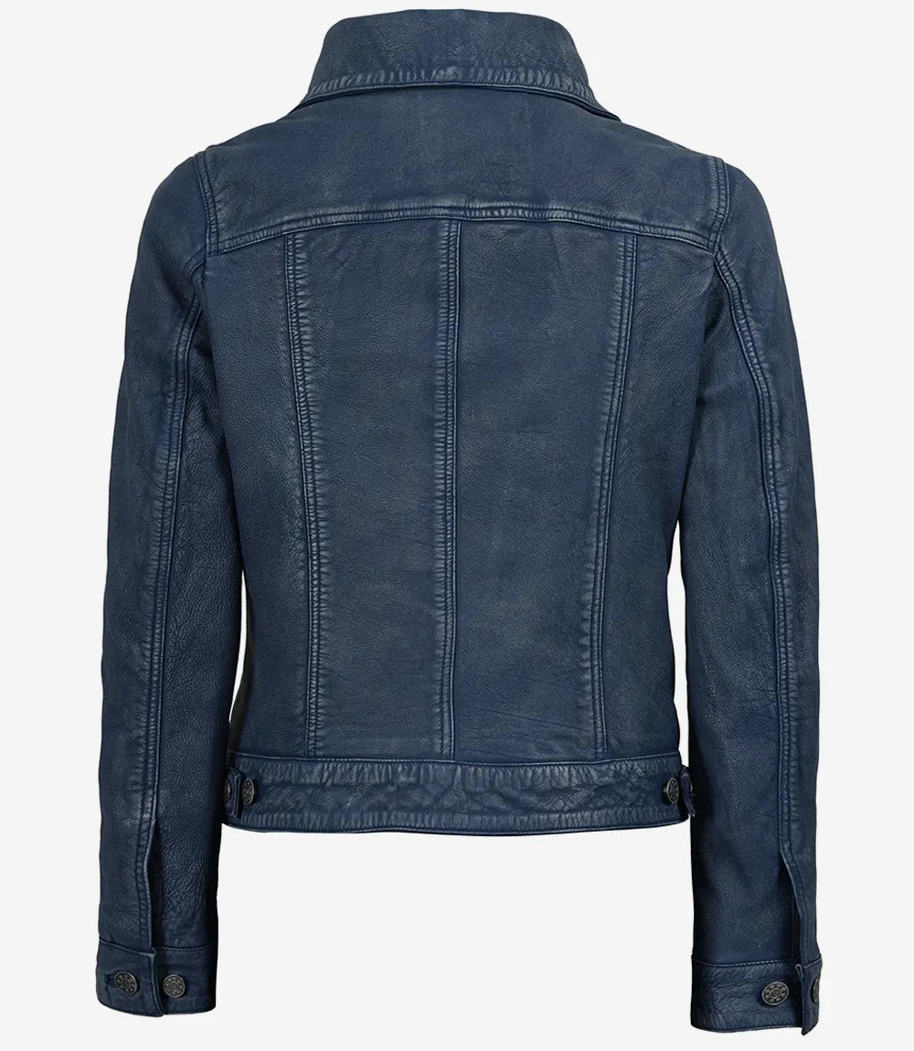 Womens Blue Washed Trucker Leather Jacket