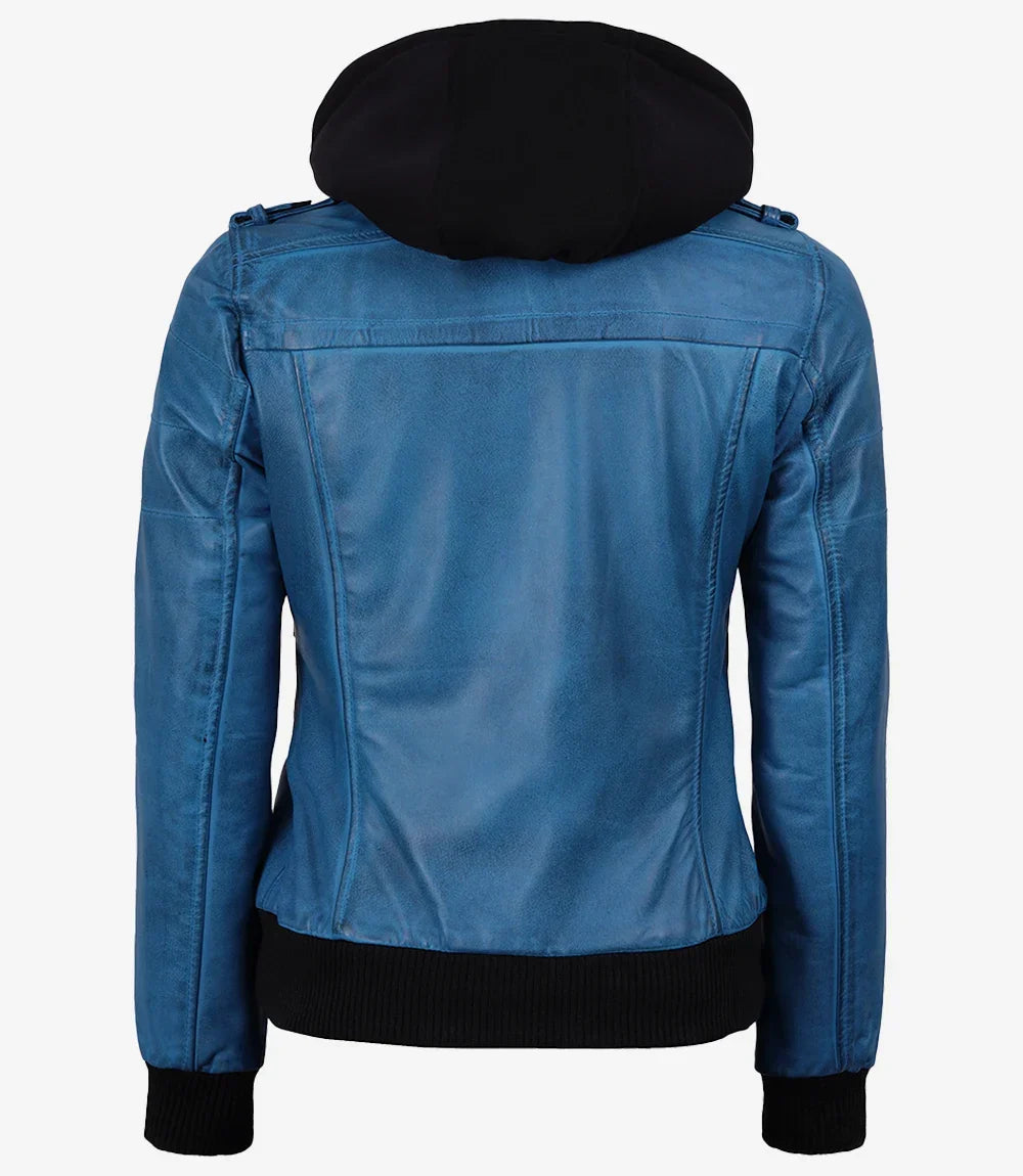 Women's Real Leather Blue Waxed Bomber Jacket with Removable Hood