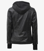 The Celeste: Womens Tall Black Bomber Leather Jacket With Removable Hood
