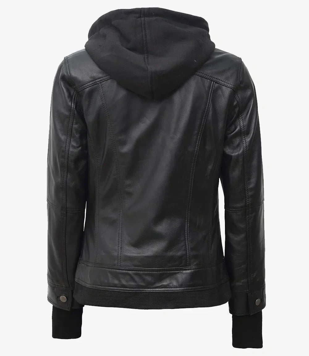The Celeste: Womens Tall Black Bomber Leather Jacket With Removable Hood