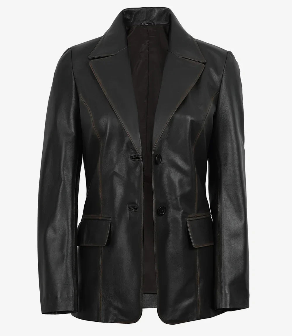 Women's Waxed Dark Brown Two Button Leather Blazer