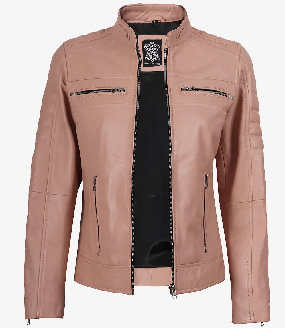Womens Real Leather Pink Biker Style Jacket
