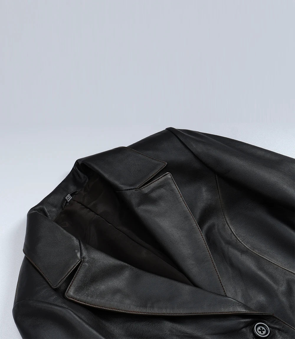 Women's Waxed Dark Brown Two Button Leather Blazer