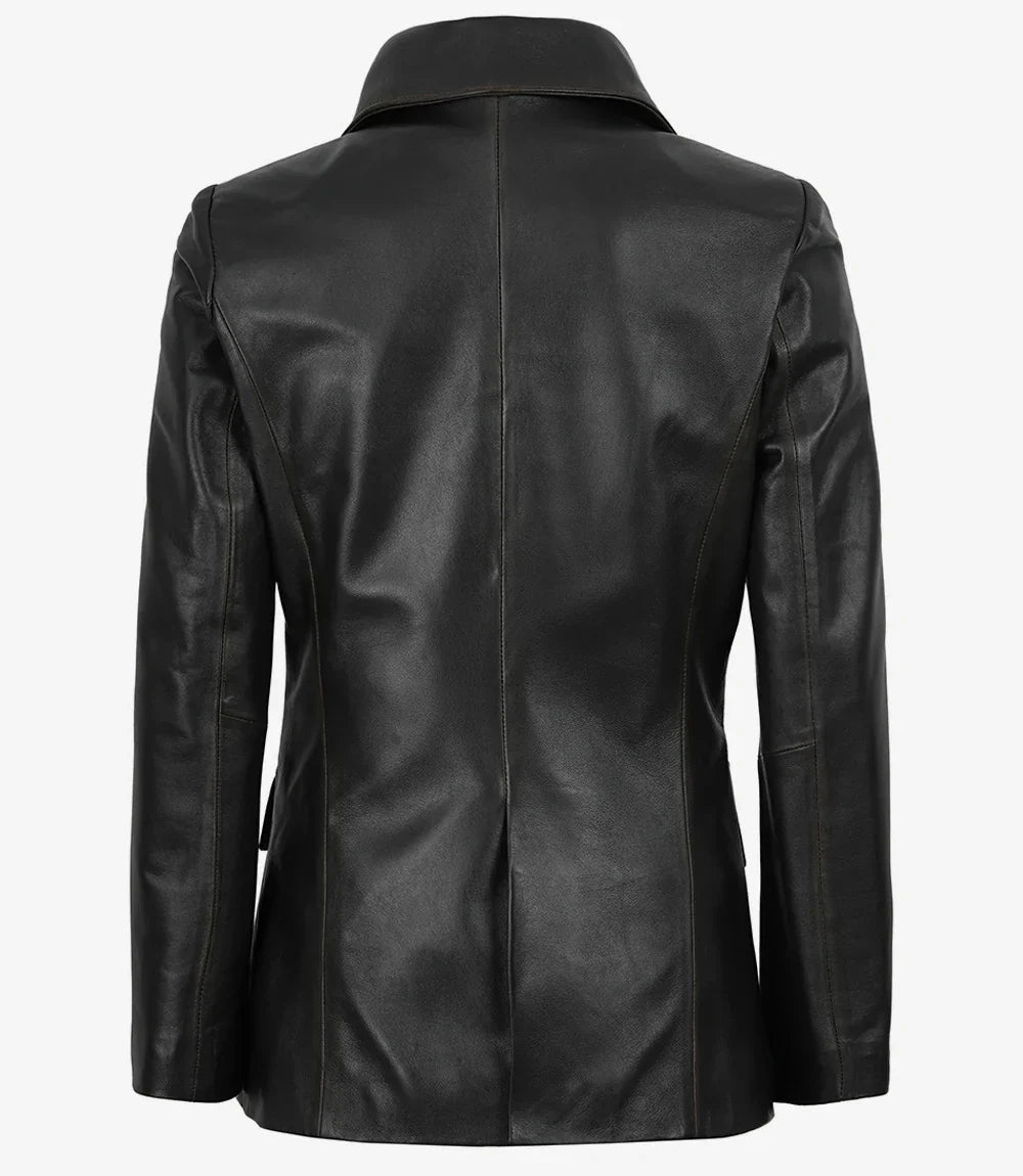 Women's Waxed Dark Brown Two Button Leather Blazer