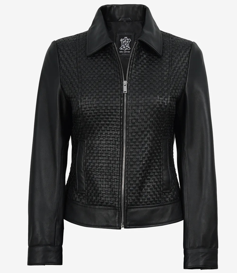 Jose Women's Black Shirt Collar Harrington Textured Leather Jacket