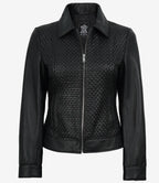 Jose Women's Black Shirt Collar Harrington Textured Leather Jacket