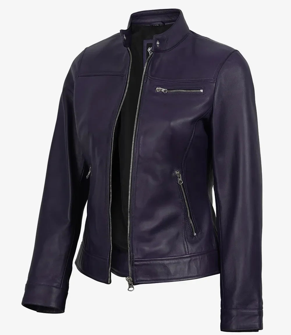 Women's Purple Waxed Lambskin Biker Style Leather Jacket